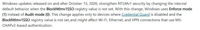 Microsoft guidance explaining October 2026 NTLMv1-derived SSO enforcement and its impact on Wi-Fi, Ethernet and VPN authentication.